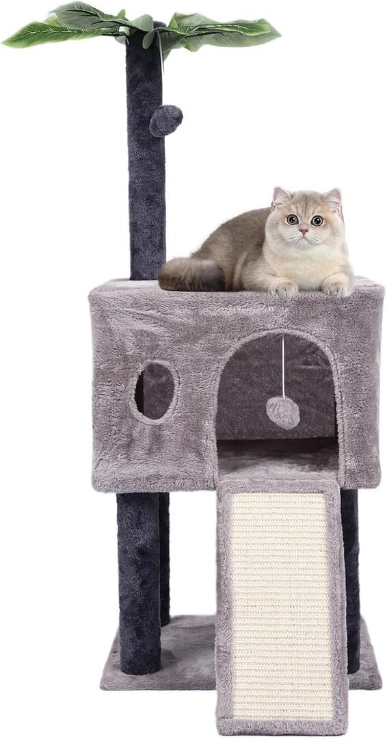 41″ Cat Tree for Indoor Cats Furniture, Cat Tower with Scratching Board and Save Space, Modern Activity House for Large Cats, Condo with Ball Toys, Kittens Cave, Cat's nest, Light Grey