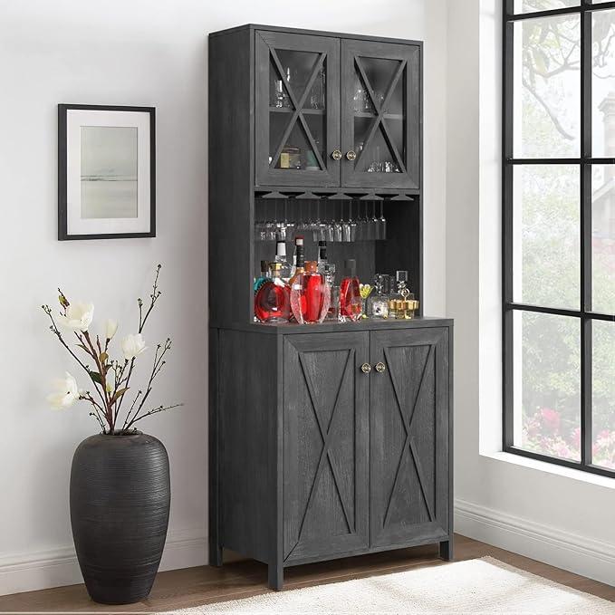 YITAHOME Farmhouse Bar Cabinet, 67 Inch Tall Home Wine Bar Cabinets with Wine Glass Rack, Open Storage Shelves with Glass Doors for Living Room