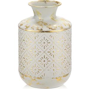 Flower Vase Rustic Metal Vase, 10.2" Vintage White and Gold Distressed Vase for Farmhouse Home Décor Artificial Flowers and Centerpieces