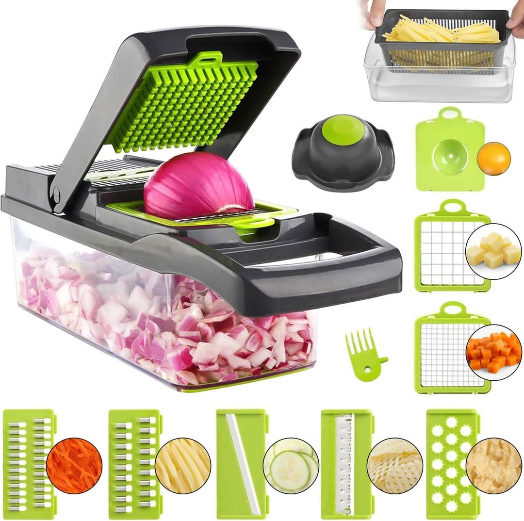ADOV Mandoline Slicer for Kitchen, Vegetable Chopper with Container, 14 in 1 Multifunctional Food Chopper, 7 Blade Onion Cucumber Slicer Vegetable Cutter for Salad, Potato Essential Kitchen Gadgets (Gray)