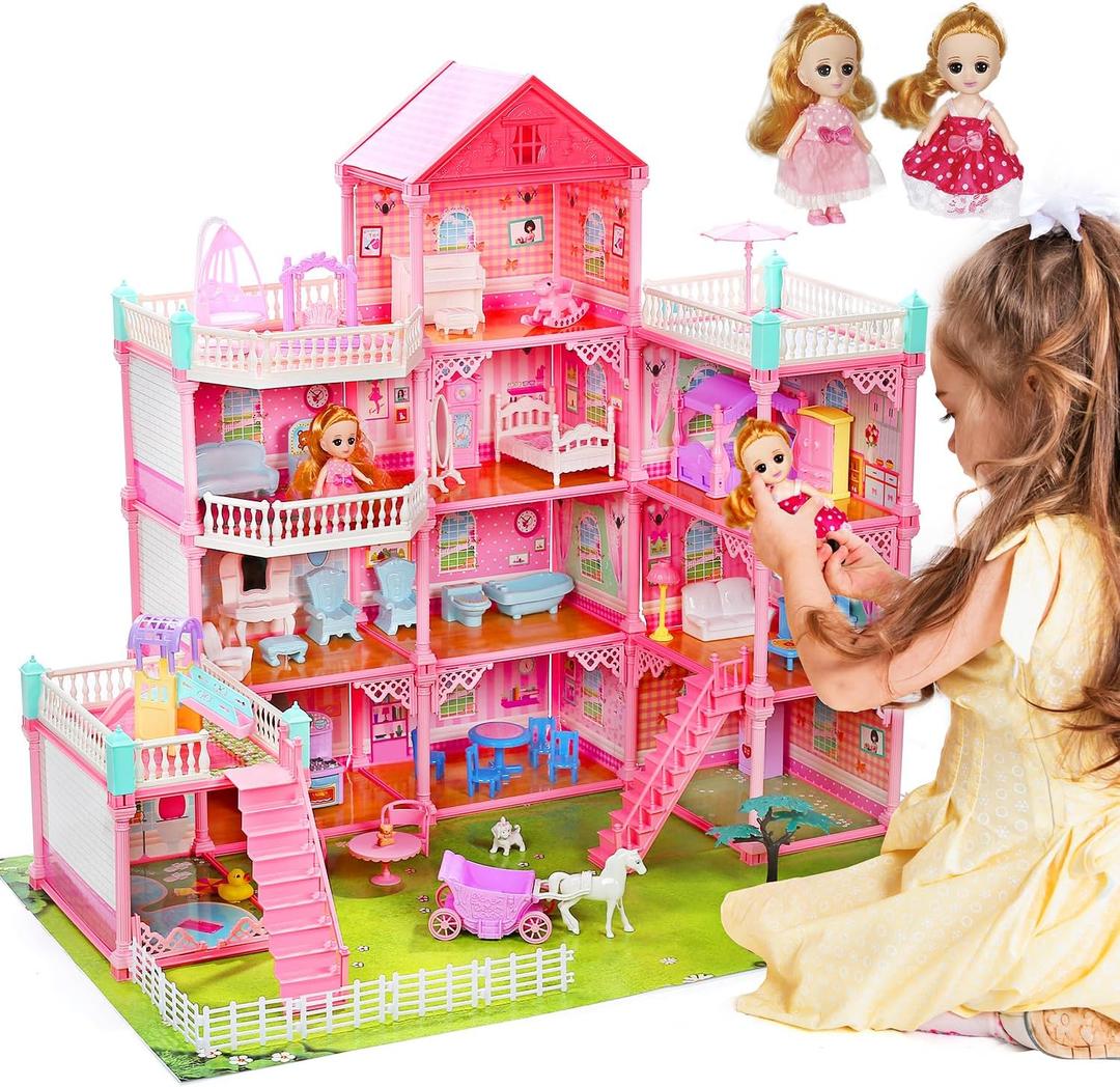 Huge Dollhouse for GirlsLarge Pretend Play Doll House for Kids with Lights, Furniture & Accessories