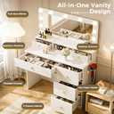COMHOMA Makeup Vanity Desk with Mirror and Lights, Vanity Table with Divided Drawer and Storage Cabinet, 32In Full Size Mirror& Adjustable 3 Color Modes, Open Storage Shelf, White and Gold