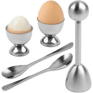 Egg Shell Opener Set  2 Pcs Egg Cups for Soft Boiled Eggs & 2 Pcs Spoons, Rust-Resistant Stainless Steel, Fits Most Eggs Sizes - Ergonomic Design, Adjustable Effort for Effortless & Precise Cracking (Silver)