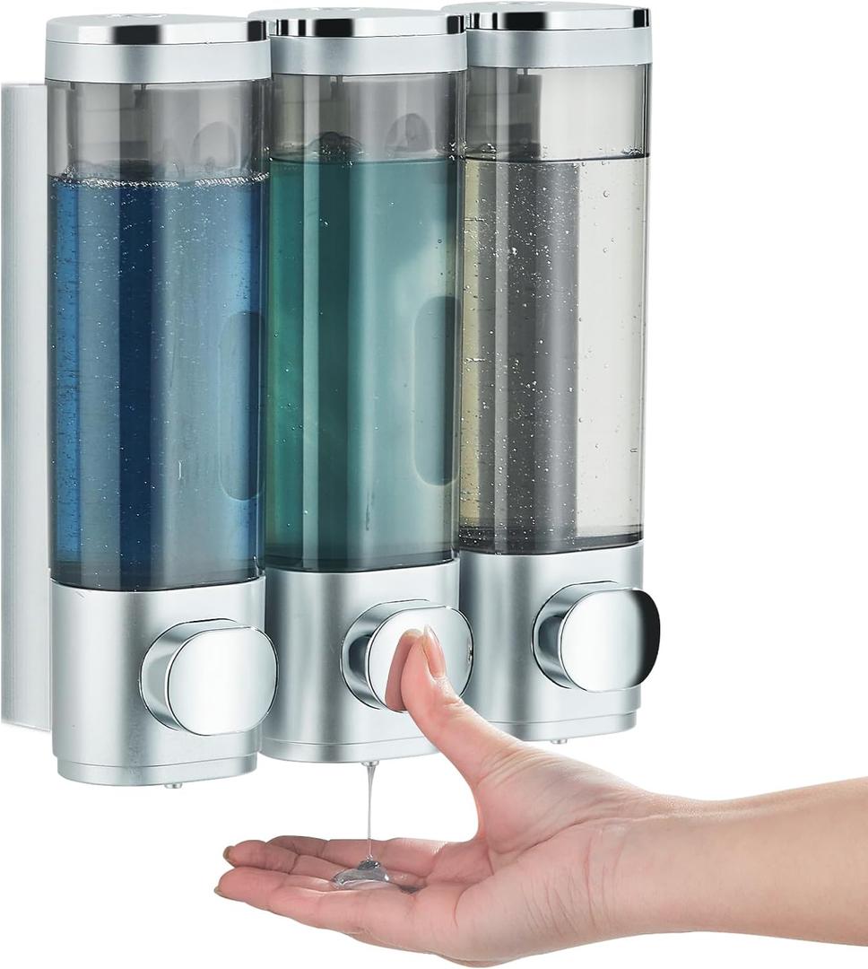 Pollock Shower Dispenser 3 Chamber No Drill Shampoo and Conditioner Dispenser for Bathroom, Large Capacity, Silver