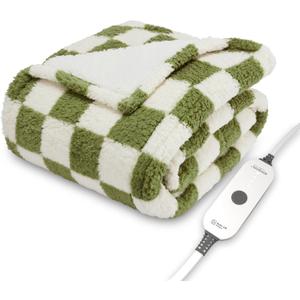 Sunbeam Printed Royal Sherpa Foot Pocket Heated Throw Electric Blanket, 50" x 60", 4 Heat Settings, 4-Hour Auto Shut-Off, Warming Cozy Throw for Couch or Bed, Machine Washable, Sage Checkerboard