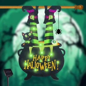 Halloween Lighted Garden Flag for Outside, Led Solar Yard Flag 8 Modes Witch Feet Shape Flag, 28x43 Double Sided Cauldron Eyeball Black Cat Decorations for Home Porch