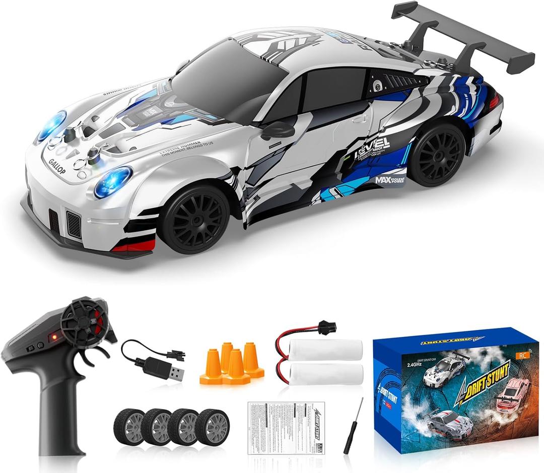 RC Drift Car 1:24 2.4GHz Remote Control Cars 4WD High Speed with LED Lights RC Cars, Two Batteries Drifting Tires Sport Race Car Toys for Kids Adults Boys Girls, White