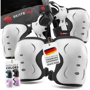 SKATEWIZ Kids and Adults Knee Pads and Elbow Pads Set with Wrist Guards for Roller Skating [6pc] - Skating Protective Gear for Roller Skates & Skateboard (M (Teen/Adult 16 years and older), WHITE)