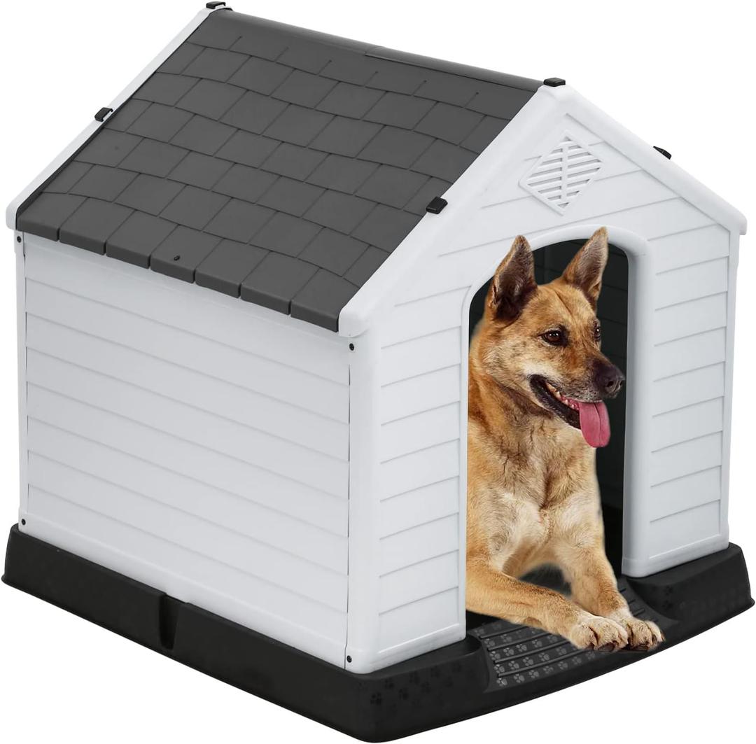 Dog House Indoor Outdoor Durable Ventilate Waterproof Pet Plastic Dog House for Small Medium Large Dogs Insulated Puppy Shelter Kennel Crate with Air Vents and Elevated Floor 72x13x67cm