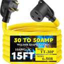 Tellegloww 15Feet TT-30P to 6-50R Welder Adapter Extension Cord Compatible with NEMA, 30Amp to 50Amp 3 Prong Generator RV to 3 Prong Welder Adapter, STW 10 AWG/3C, 250V 7500 Watt, ETL Listed