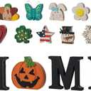Glitzhome Interchangeable Home Table Signs with 13 Pcs Seasonal Icons, Wooden Changeable Home Sign for Holiday Decor, HOME Letter Sign Ornaments Set Interchangeable Holiday Decorative Shelf Blocks