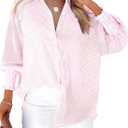 Dokotoo Womens V Neck Striped Button Down Shirts Long Sleeve Tunic Tops (Pink, L)