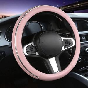 Car Steering Wheel Cover, Microfiber Leather Wheel Cover, Bright Strip Cute Steering Wheel Cover Universal 14.5-15 inch Car Accessory, Breathable, Anti-Slip, Warm in Winter and Cool in Summer