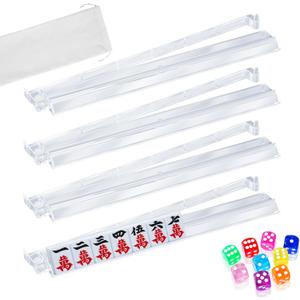 4 Sets Mahjong Racks with Pushers and 9 Colored Dice, Modern Clear Acrylic Mahjong All-in-One Tile Rack & Pusher Arm Compact Easy Carry Mahjong Accessories