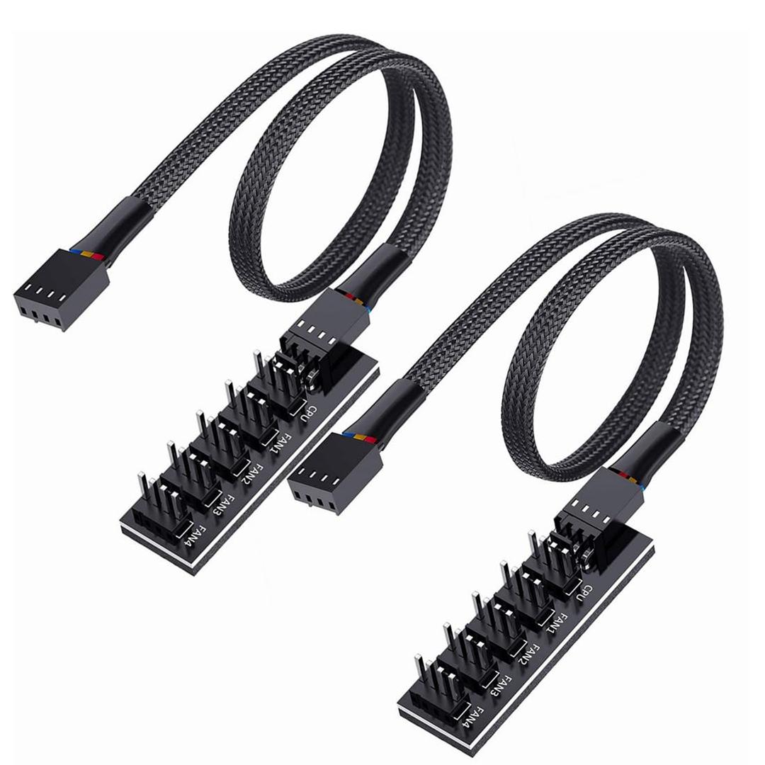 2 Pack Cooling Fan 1 to 5 Hub, All 4 Pin Cooling Fans Power Extension Cable for PC Case Internal Motherboard Fan, 5 Way Splitter Wire for ATX Computer Case, Sleeved Braided (16 inches)