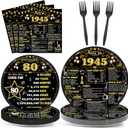 CHUNNIN 96Pcs 80th Birthday Plates and Napkins Back in 1945 Party Decorations Black Gold 80 Year Old Cake Dessert Plates 1945 Tableware for 24 Guests 80th Theme Men Woman Birthday Party Supplies