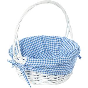 White Round Willow Wicker Gift Basket with Blue and White Gingham Liner, Small, Decorative Picnic Basket with Handles, Empty Wicker Basket for Gifts