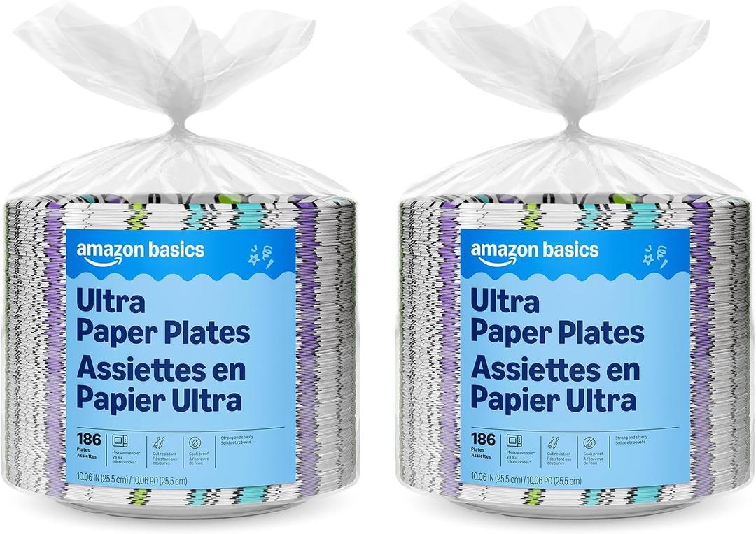 Amazon Basics Ultra Paper Plates, 10 Inch, Disposable, 372 Count (2 Pack of 186)