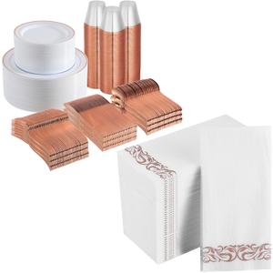 700 Piece Rose Gold Disposable Dinnerware Set for 100 Guests, Rose Gold Rim Plastic Plates, 100 Dinner Plates 100 Dessert Plates, 100 Plastic Silverware Set, 100 Cups, 100 Rose Gold Napkins