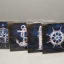 KLVOS Nautical Canvas Wall Art Navy Blue Boat Anchor Paintings Helm Drawing Compass Lighthouse Rustic Style Beach Home Decor Ready to Hang for Bathroom Living Room 12x12 Inchx4 Panels, 12x12inchx4pcs