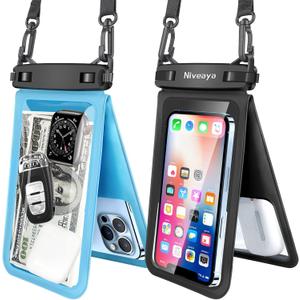 Niveaya Double Space Waterproof Phone Pouch - 2 Pack, Waterproof Phone Lanyard Case with iPhone 17/16/15/14/13 Pro Max up to 8.3", Phone Dry Bags for Vacation Beach Pool Kayak Cruise Travel Essentials (Black + Powder Blue)