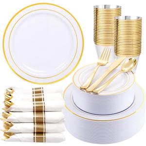 350Piece Gold Dinnerware Set for 50 Guests - Gold Plastic Plates with Disposable Cutlery Include:50Dinner Plates-50Dessert Plates-50Pre Rolled Napkins with Silverware for Father's Day (White and Gold - Modern)