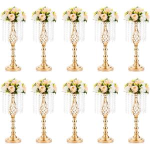 10 Pcs 19.3 inches Tall Crystal Flower Stand Wedding Road Lead Tall Flower Holders Centerpiece Crystal Flower Chandelier Metal Flower Vase for Reception Tables Wedding Supplies