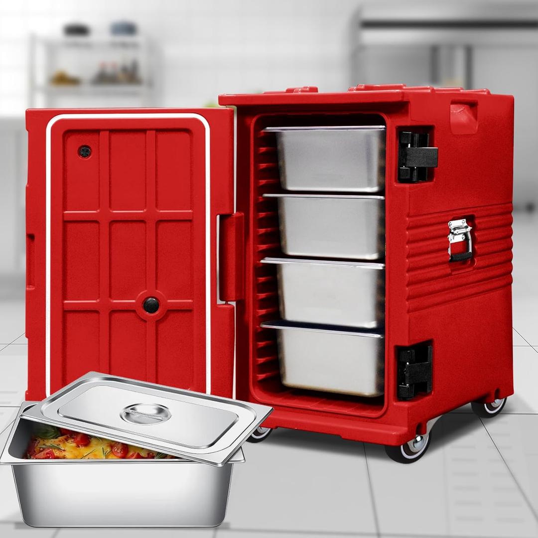 105QT End-Loading Insulated Food Pan Carrier w/4 Concealed Type Wheels,Commercial Food Warmer w/4 H5.9 Stainless Steel Pans w/lid, Food-Grade Material Hot Box Catering for Restaurant, Canteen, Home