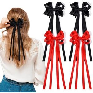 4 PCS Hair Bows Ribbon for Women Hair Clip Black Red Satin Bow with Long Tassel Hair Bow Accessories for Women Girls Toddlers Teens Kids
