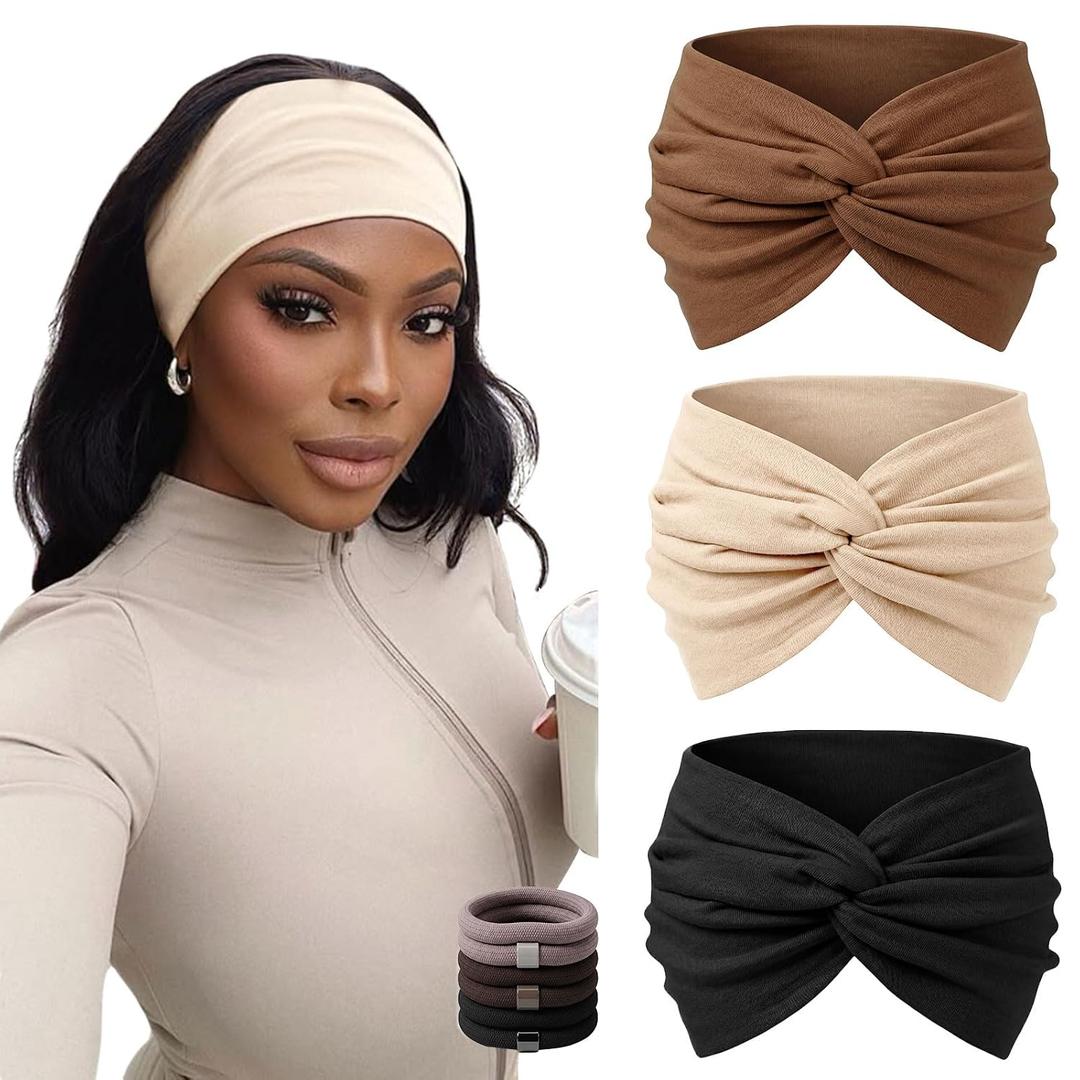 7-Inch Wide Headbands for Women – 3 Pack Soft Thick Turban Hair Bands, Bandana-Style Head Wraps for Workout Yoga Sleep, Fashion Accessories with 6 Pcs Hair Ties-Brown, Apricot, Black