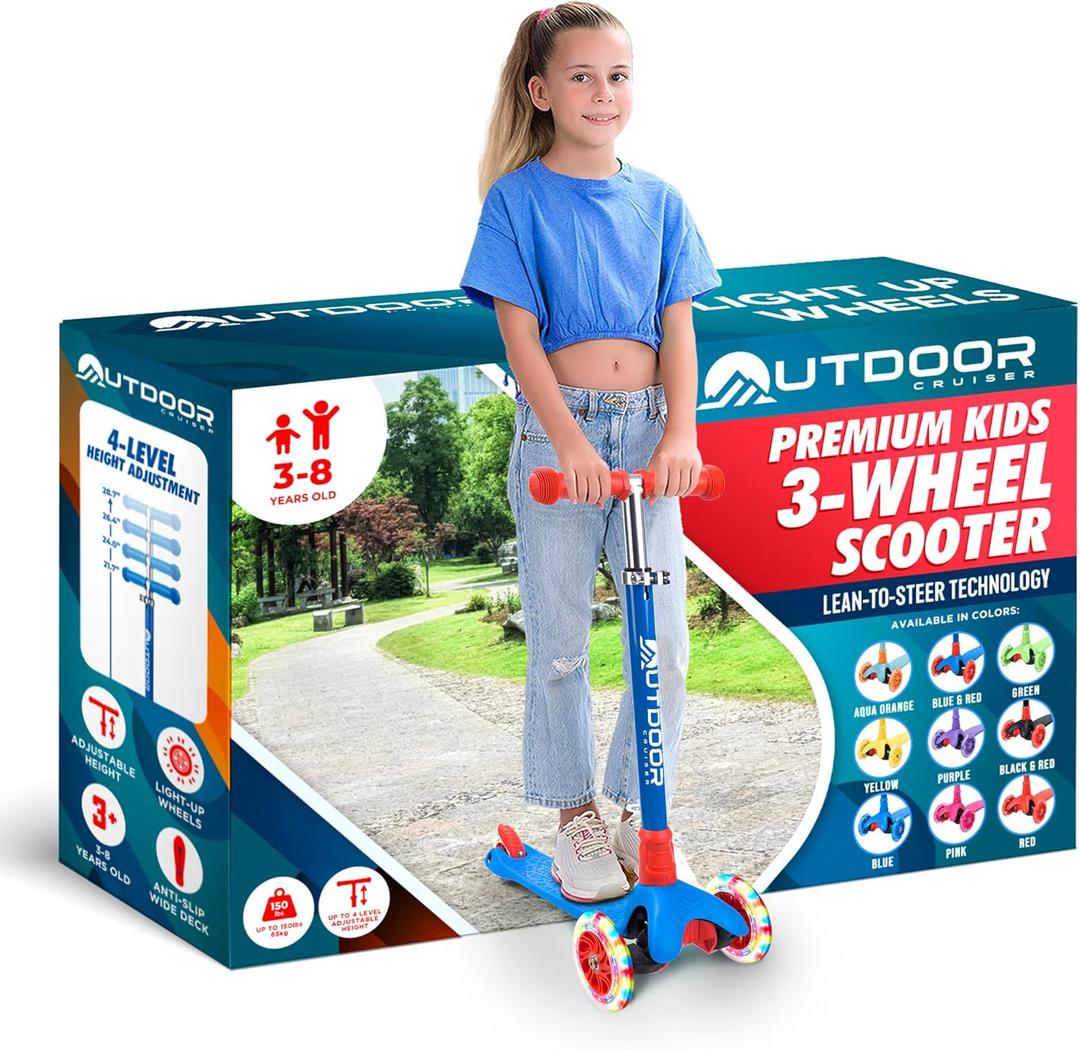 Outdoor Cruiser 3-Wheel Kids Scooter  with Lean-to-Steer Technology, Led Lighted Wheel, 4-Level Adjustable Height T-bar Handle, Support Kids Up to 150 Lbs, for Boys & Girls Ages 3-8, Blue and Red