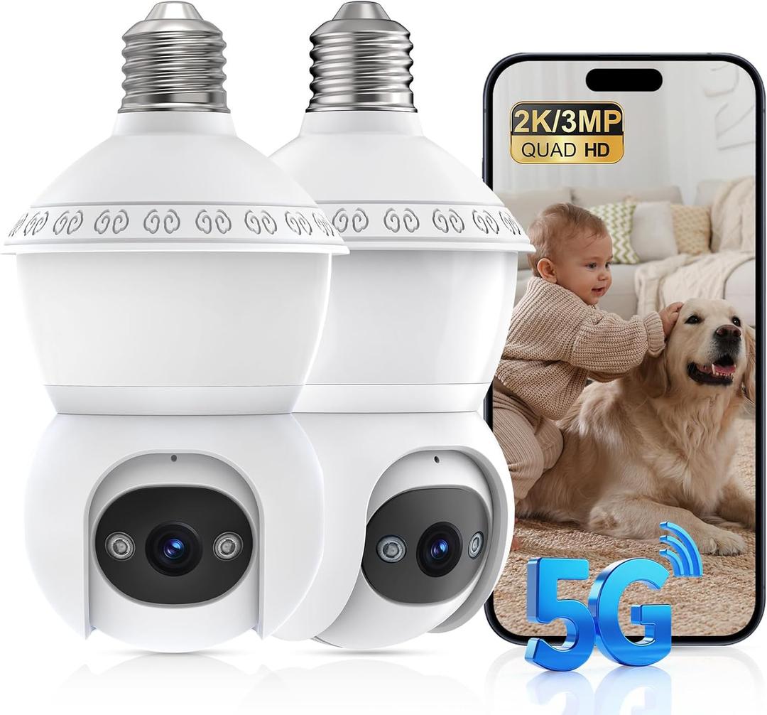Light Bulb Security Camera,2.4G/5GHz WiFi 2K Security Cameras Wireless Outdoor, Bulb Cameras for Home Security, AI Human Detection and Alarm,2 Way Talk, Color Night Vision, Compatible with Alexa 2PCS (White)