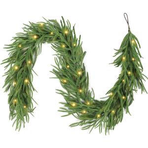 Pre-Lit Thickened Upgraded Realistic Artificial Norfolk Pine Garland - Thick Lush Full Faux Greenery Christmas Garland with Lights for Fireplace Mantle, Indoor Outdoor Holiday Home Party Decorations