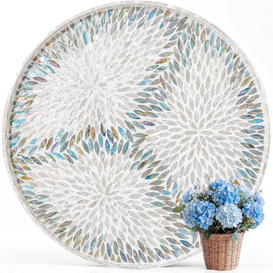 22" Round Mother of Pearl Serving Tray Ottoman Tray, Leaf, Blue