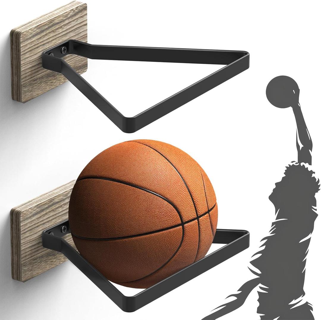 Basketball Holder Wall Mount with Wooden Base, MYKASEN Ball Storage Holder Display Rack for Basketball Soccer Volleyball, Boys Sports Accessories Organizer for Player Fans Room Decor