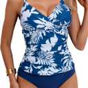 B2prity Women's Ruched Tankini Swimsuits V Neck Wrap Tie Back Two Pieces Bathing Suit Tummy Control Swimwear, 2XL
