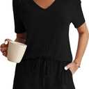TESANCCO Womens Fashion 2 Piece Outfits Sweatsuits Ribbed Knit Summer Short Sleeve Loungewear V Neck Lounge Set, S, Black