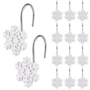 Christmas Shower Curtain Hooks,12pcs White Snowflake Shower Curtain Rings Resin Rust Resistant Winter Christmas Decoration for Bathroom Bedroom and Living Room