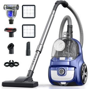 Canister Vacuum, Upgraded 1600W Bagless Canister Vacuum Cleaner, Auto Cord Rewind, H13 HEPA Filter, 4Qt Large Capacity, 5 Tools for Hard Floors, Carpet, Pet, Upholstery, Tiles, Dark Blue