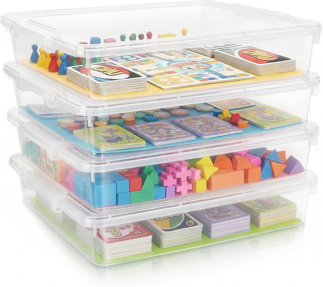 4 Pack Board Game Storage, Extra Large Paper Organizer Storage with Latching Lid (14x13.5x3.15 in), Stackable Art & Craft Storage Box for 12x12 Paper, Board Game, Art Supply, Puzzle, Magazine