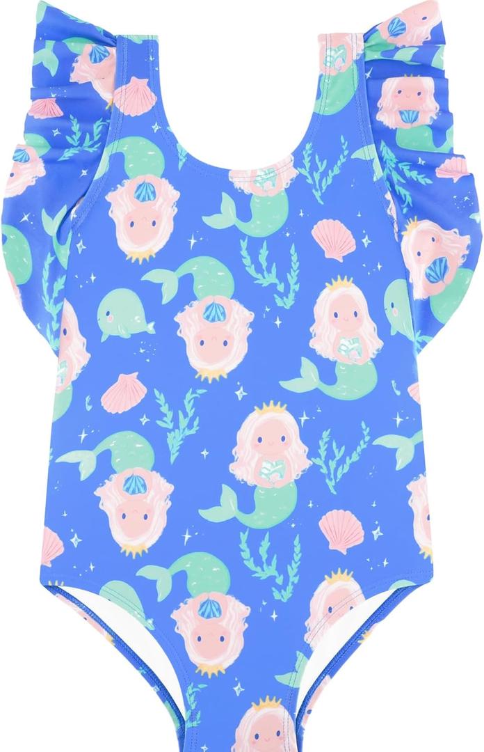 Girls One Piece Cute Swimsuit with Ruffled Straps, UPF 50+ Beach Bathing Suit for Toddler Teen Girls, Size 3M-12Y