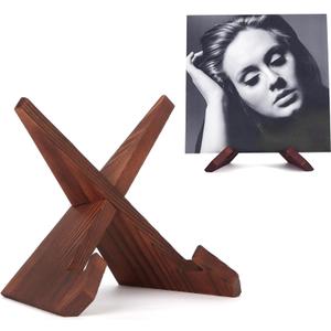 PUERSI Now Playing Vinyl Record Stand, Wooden Display Vinyl Holder Stand, Retro Now Spinning Record Accessories - Rustic Brown