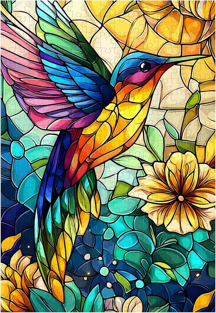 Great Jigsaw Puzzles for Adults 300 Pieces Stained Glass Hummingbird Puzzles for Adults Toys Gift Family Decoration Kids Puzzle (15"x10"-300PCS)