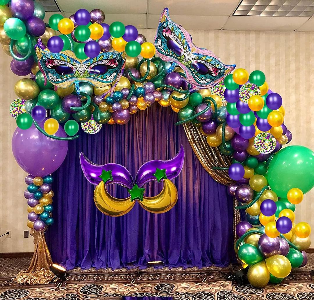 114 PCS Mardi Gras Party Decorations Green Purple Yellow Balloon Arch Large Sized Mask Moon Star Foil Balloons for Mardi Gras Birthday Baby Shower Masquerade New Orleans Party, 12 Inch, 5 Inch