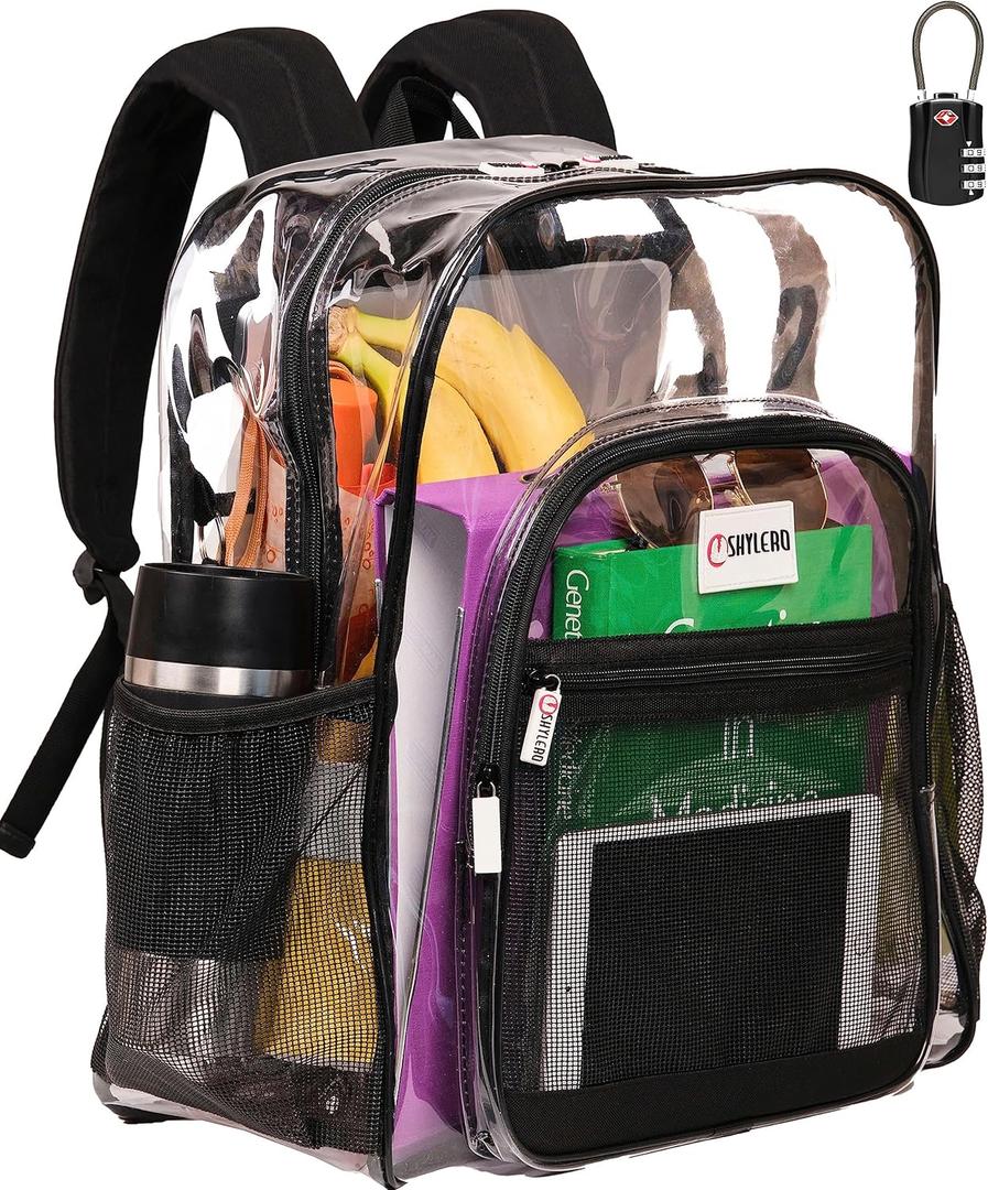 Clear Backpack Heavy Duty has TSA Lock, 2-Way Zipper. PVC Transparent Backpack X-Large - H18''xW14''xD8 - Black