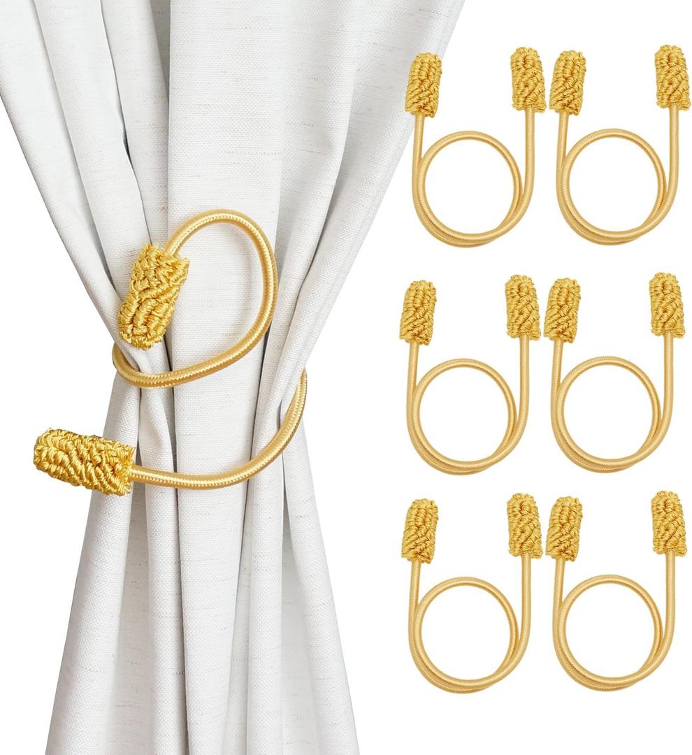 Rope Curtain Tiebacks, 6pcs Decorative Handmade Tie Backs Curtain Holdbacks Holders Cord for Window Sheer Drapes Indoor Outdoor, Gold