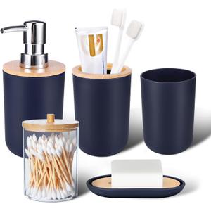 iMucci Bathroom Accessories Set 5Piece Navy Blue Bathroom Sets, Toothbrush Holder, Toothbrush Cup, Lotion Soap Dispenser, Soap Dish and Qtip Holder Bathroom Decor