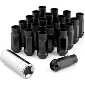 20PCS M12x1.5 Open End Bulge Acorn Black Lug Nuts - 60 Conical Seat - 50mm Height, Lug Nuts for Aftermarket Wheels with 1 Spline Key 20PCS M12x1.5 Open End Bulge Acorn Black Lug Nuts - 60 Conical Seat - 50mm Height, Lug Nuts for Aftermarket Wheels with 1 Spline Key