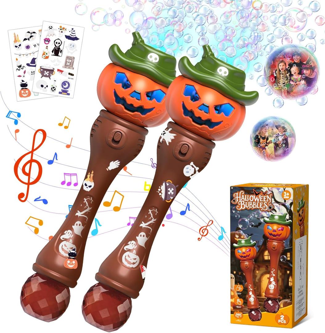 Halloween Pumpkin Bubble Wand for Kids - 2 Pack Automatic Bubble Machine Blower Toys for Toddlers 3-8 with LED Lights, Music Function, DIY Stickers,10 Refill Solutions, Halloween Party Favors Gifts
