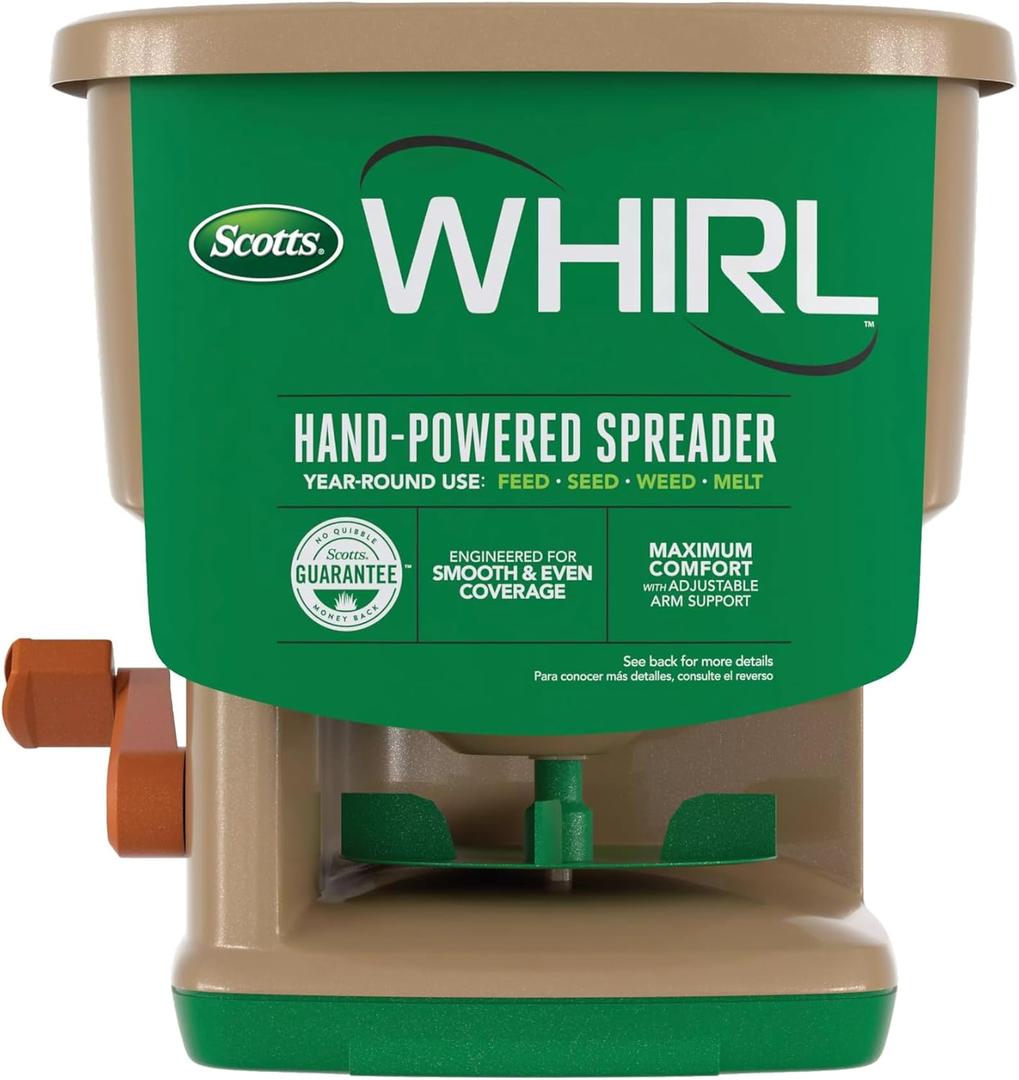 Scotts Whirl Hand-Powered Spreader for Grass Seed, Fertilizer, Salt, Ice Melt, Handheld Spreader Holds up to 1,500 sq. ft. Product